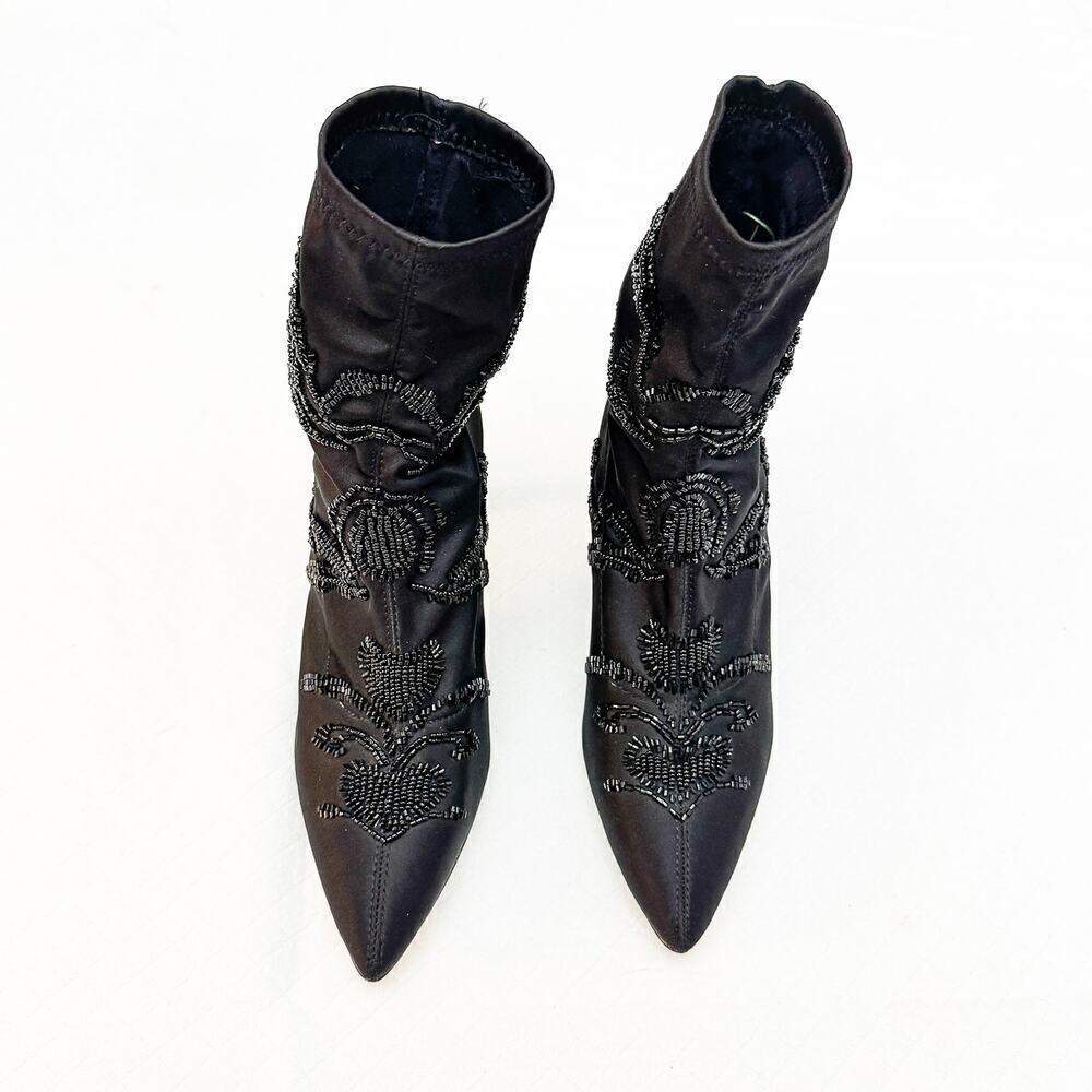 Zara Satin Embroidered Sequin Embellished Black Pointy Toe Booties Size 36